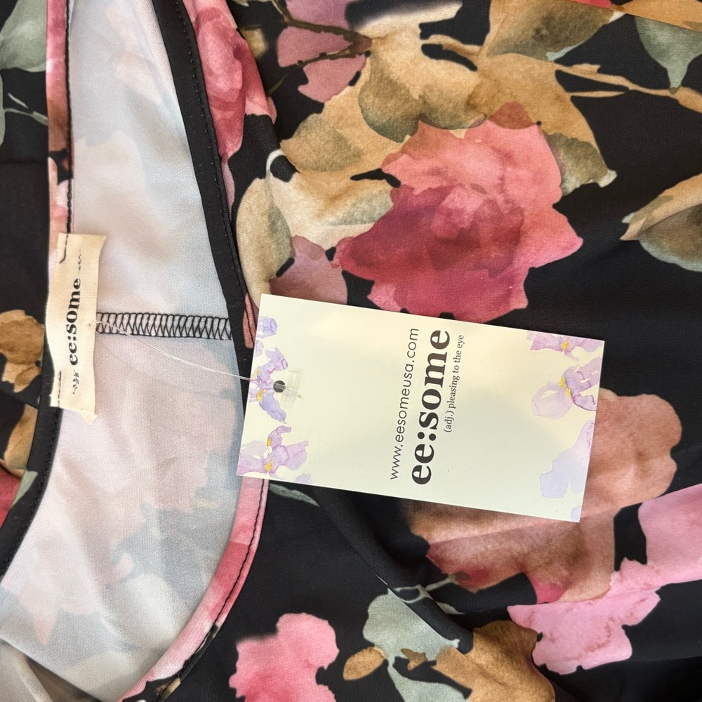 eesome Cold Shoulder Black and Pink Floral Print Dress Size L - Picture 5 of 8